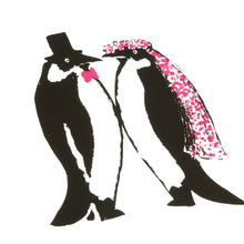 A playful illustration of two penguins facing each other, dressed as a wedding couple, with a pink bow tie and veil details on a white background.