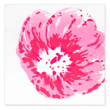 A white greeting card shown flat, centered on the surface, featuring a bold pink flower with layered brushstrokes and a bright, textured center.