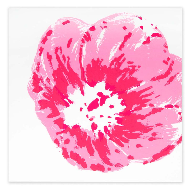 A white greeting card shown flat, centered on the surface, featuring a bold pink flower with layered brushstrokes and a bright, textured center.