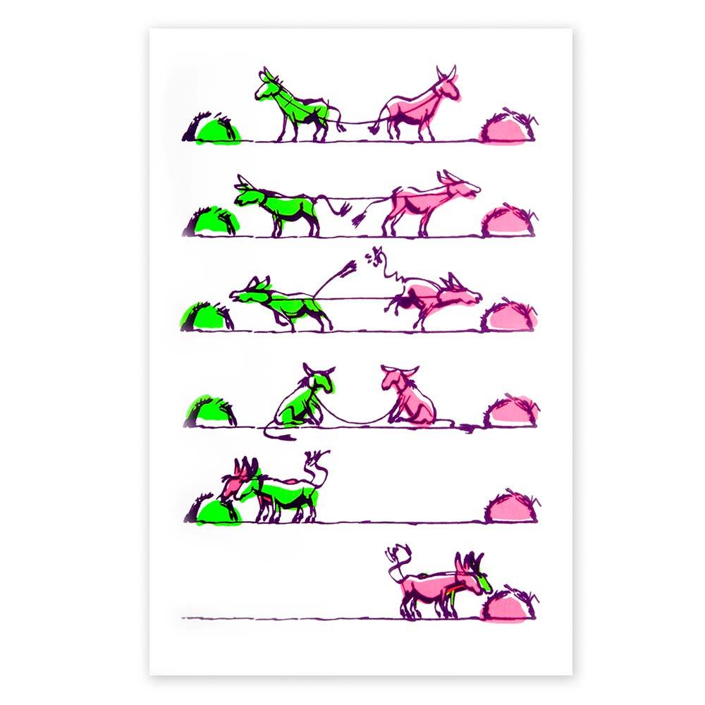 Greeting card with a white background, featuring a sequence of colorful hand-drawn animals in green and pink that appear to interact across several horizontal lines.
