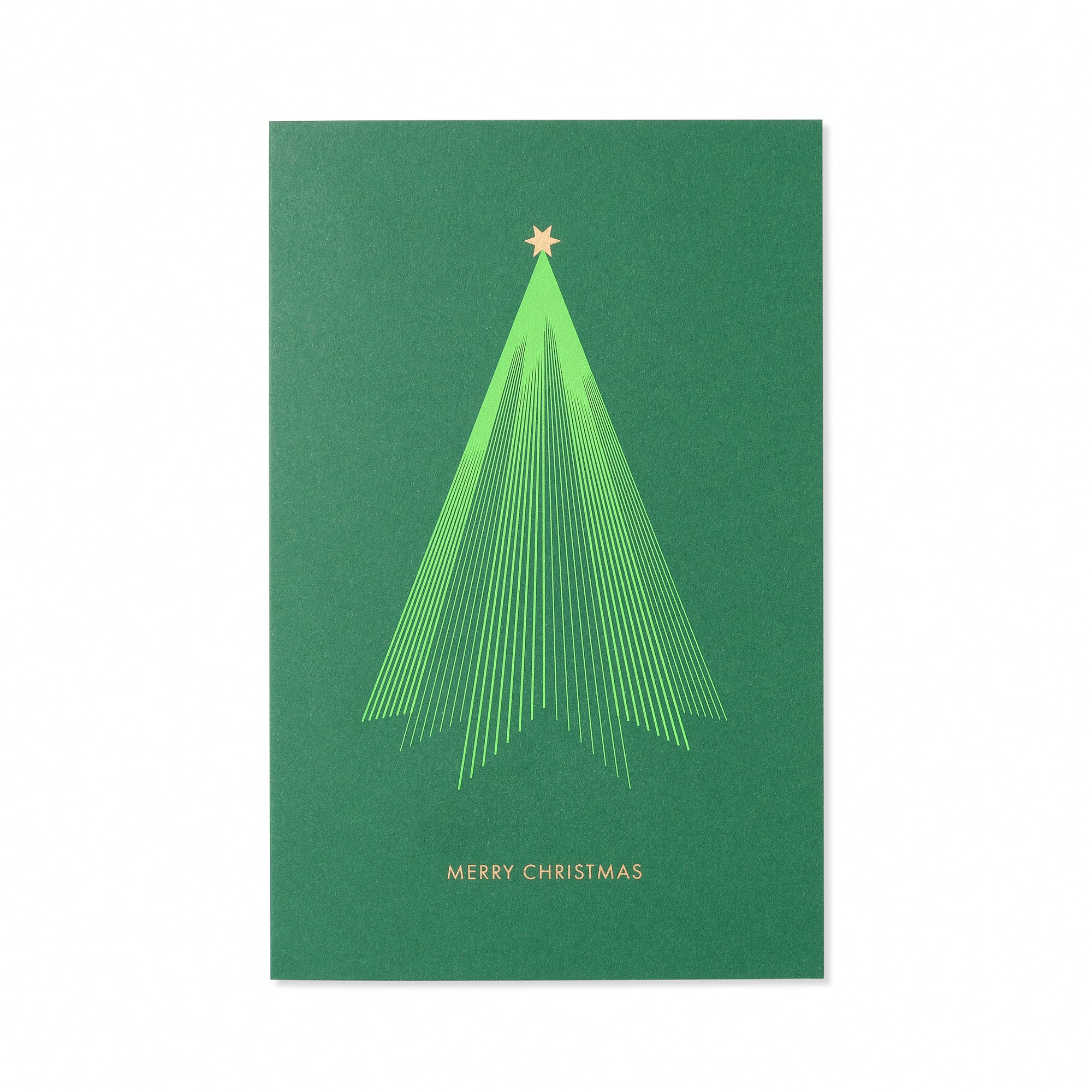 A green Christmas card with a minimalist tree design, a gold star on top, and the text "Merry Christmas" in gold at the bottom.