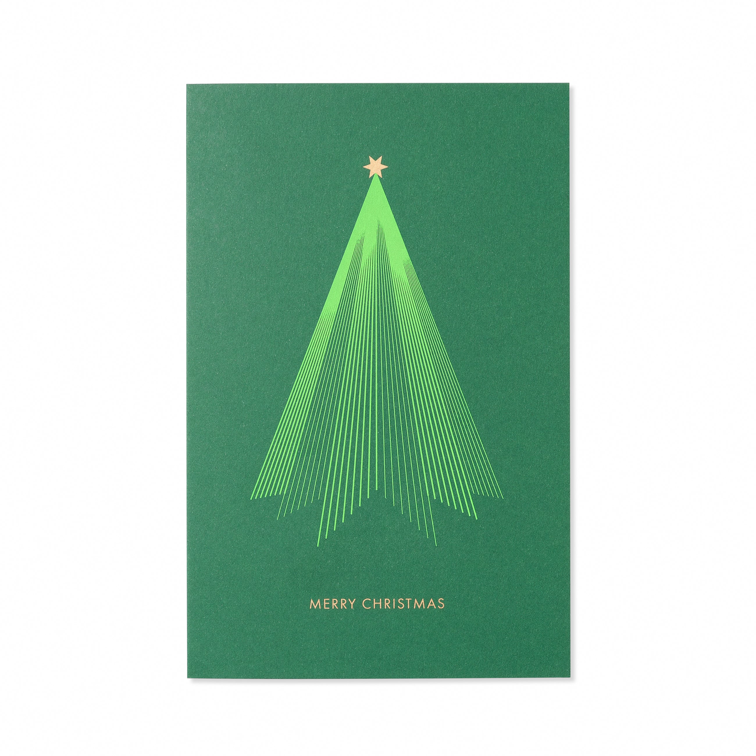 A green Christmas card with a minimalist tree design, a gold star on top, and the text "Merry Christmas" in gold at the bottom.