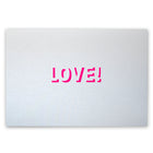 Silver greeting card with a smooth metallic surface and a centered pink “LOVE!” cutout.
