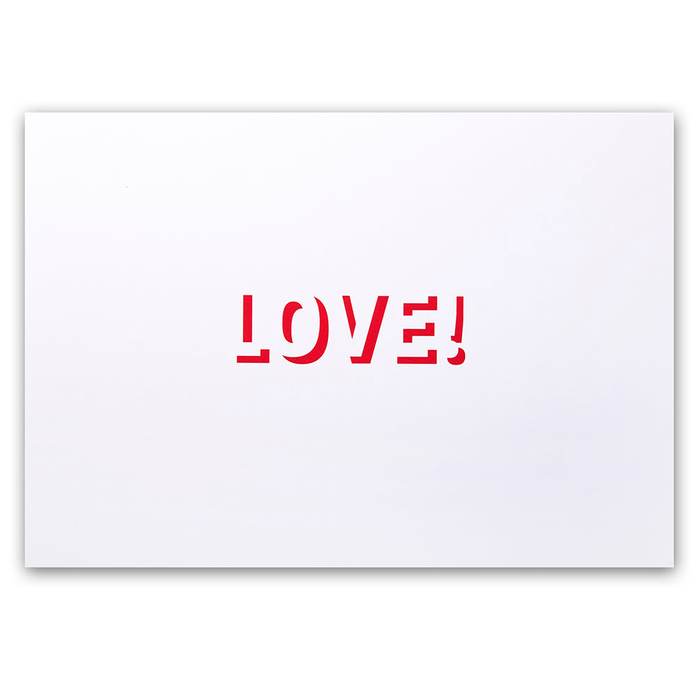 Greeting card with a minimalist design, featuring the word “LOVE!” in bold red stencil-style typography centered on a white card, shown front-on with subtle shadows that emphasize the paper texture and clean graphic contrast.