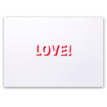 Greeting card with a minimalist design, featuring the word “LOVE!” in bold red stencil-style typography centered on a white card, shown front-on with subtle shadows that emphasize the paper texture and clean graphic contrast.