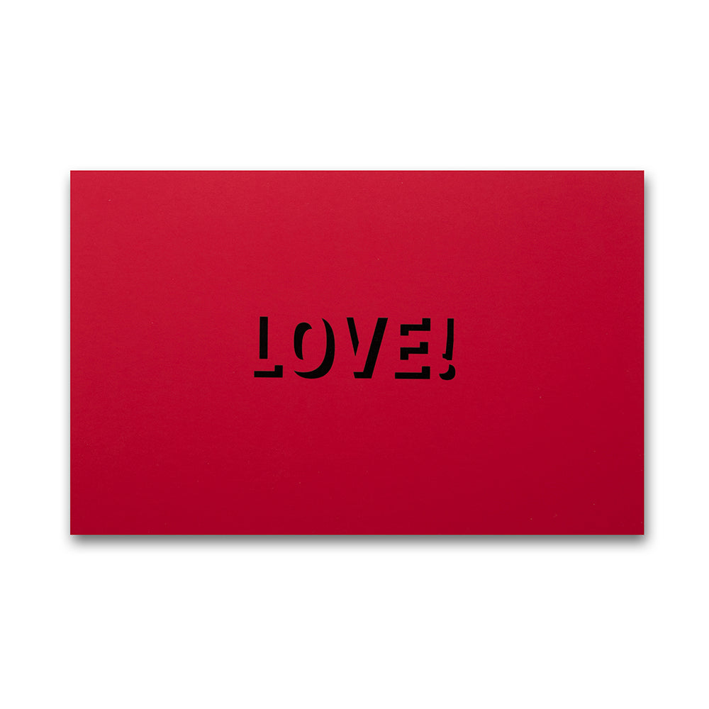 A flat red card featuring “LOVE!” cut out in the center, shown against a neutral background.