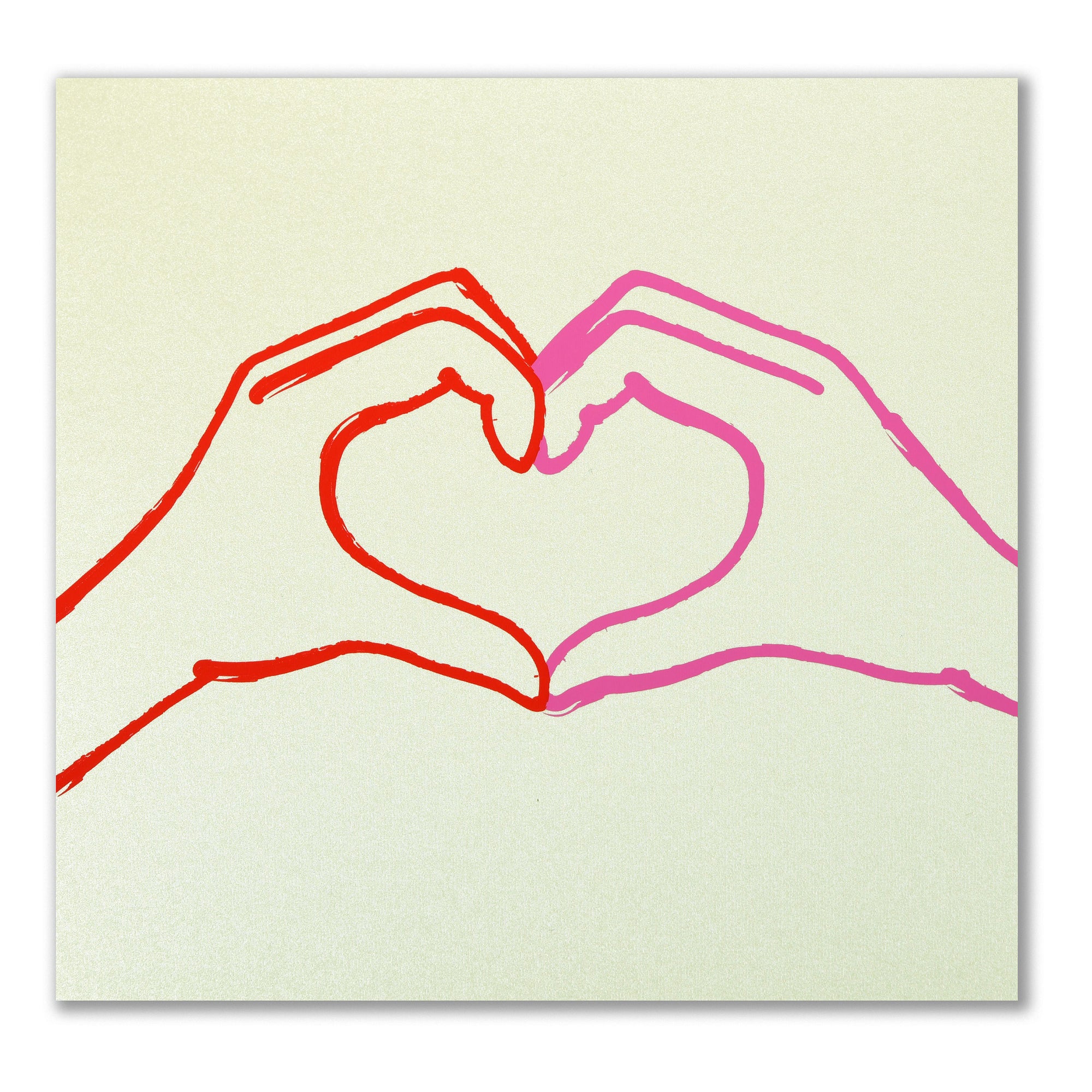 Greeting card with a hand-drawn heart shape formed by two hands, outlined in red and pink lines on a pale green, lightly textured background.