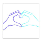 Greeting card featuring a minimalist heart shape created by two hands in purple and turquoise line art, centered on a white background with a subtle paper texture.