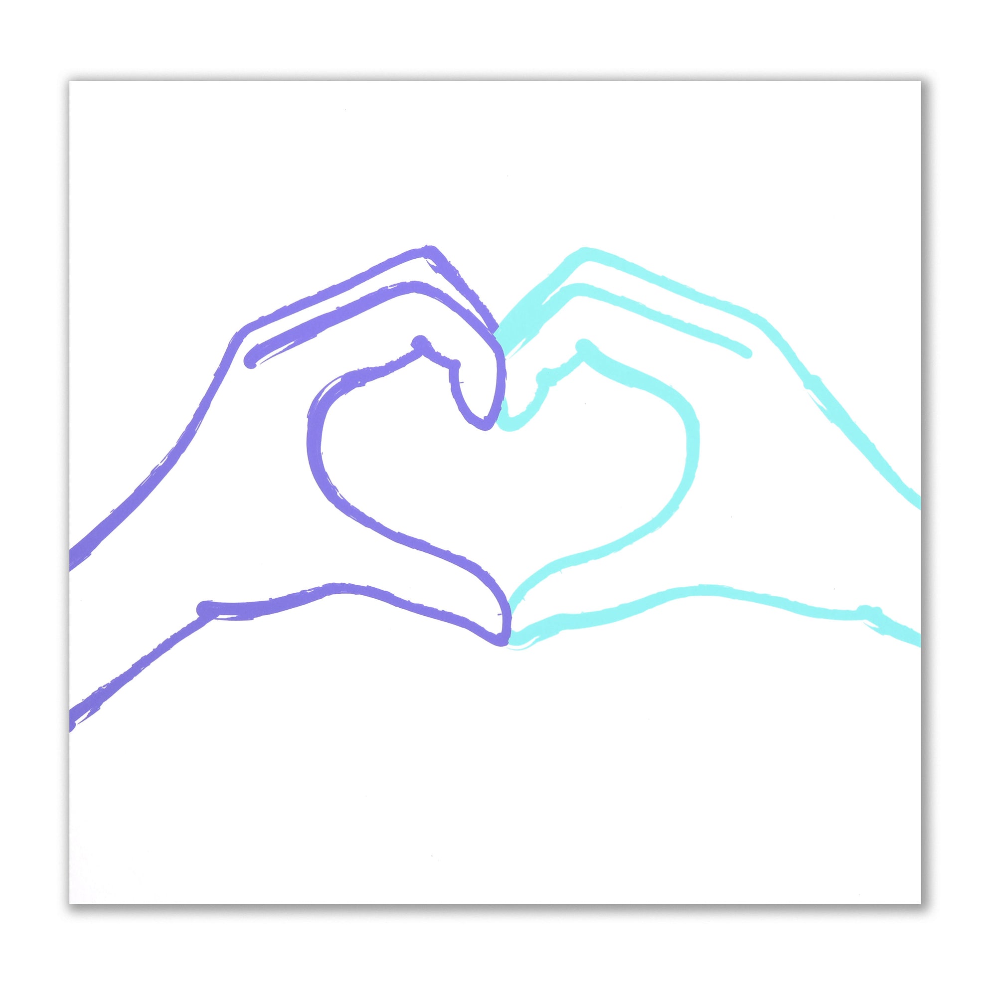 Greeting card featuring a minimalist heart shape created by two hands in purple and turquoise line art, centered on a white background with a subtle paper texture.