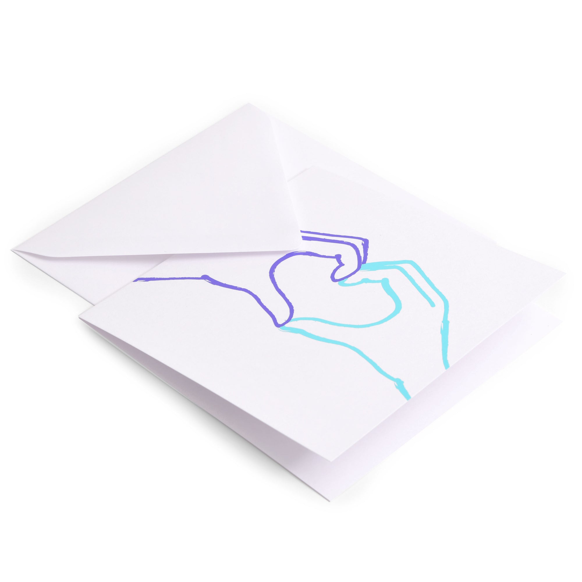 Greeting card with a simple continuous-line illustration of two hands forming a heart, drawn in purple and turquoise on a clean white background, shown with a white envelope.