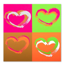 Wrapping paper with a striking pop-art design of four textured, painterly hearts arranged in a square layout, set against saturated neon backgrounds in pink, green, orange, and coral.