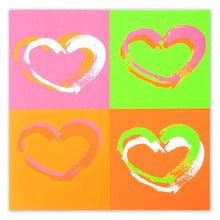 Wrapping paper with a bold pop-art pattern of four hand-painted hearts, each centered on a neon color block in pink, lime green, orange, and warm brown, filling the entire card surface.