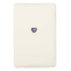 Greeting card with a minimalist design, featuring a small hand-painted heart in blue and copper tones centered on vertically oriented cream handmade paper, shown flat with deckled-edges.
