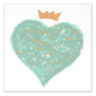 Greeting card featuring a large textured turquoise heart with scattered gold accents and a simple golden crown above it, centered on a clean white background.