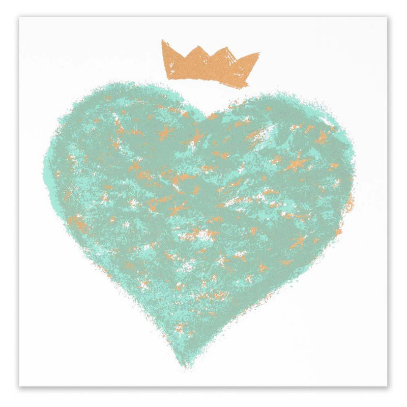 Greeting card featuring a large textured turquoise heart with scattered gold accents and a simple golden crown above it, centered on a clean white background.