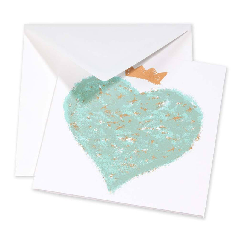 Greeting card with a soft, hand-painted turquoise heart accented with subtle gold flecks and topped with a small golden crown, shown partially open with a white envelope behind it.