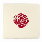 Square greeting card with deckled-edges, featuring a bold red rose centered on cream-colored handmade paper.