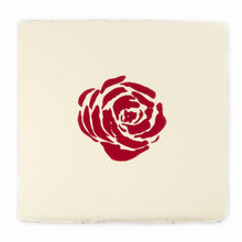 Square greeting card with deckled-edges, featuring a bold red rose centered on cream-colored handmade paper.