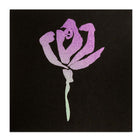 Black greeting card with a single abstract rose, the petals rendered in glittery purple hues and the stem in soft green.