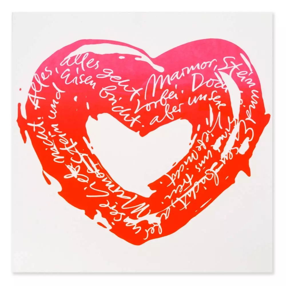 A minimalist white greeting card with a bold, brush-painted heart in a warm pink and orange gradient at the center, overlaid with expressive handwritten lettering that fills the heart shape.