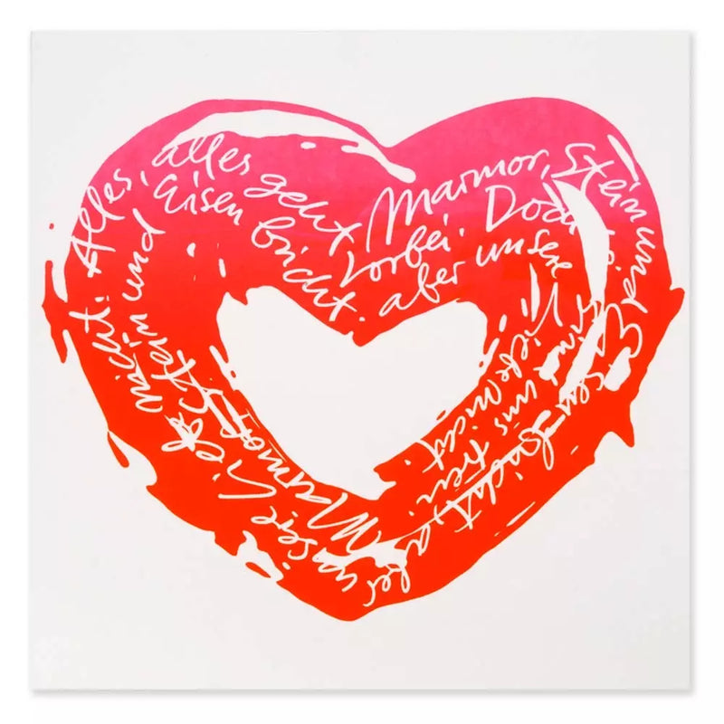 A minimalist white greeting card with a bold, brush-painted heart in a warm pink and orange gradient at the center, overlaid with expressive handwritten lettering that fills the heart shape.