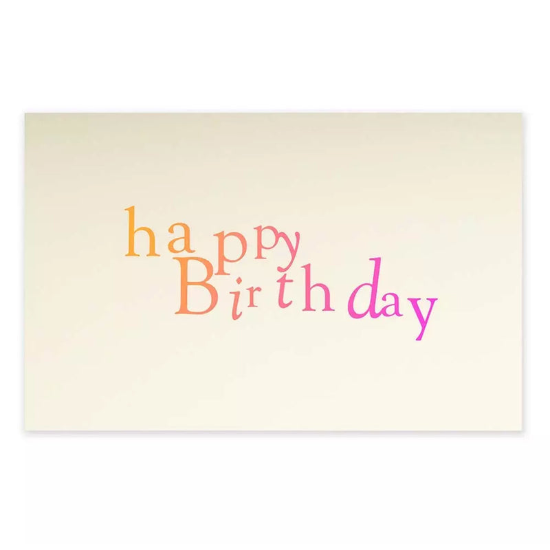 Elegant cream greeting card featuring the phrase 'happy birthday' in playful orange and pink lettering.