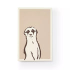 A minimalist greeting card with a warm beige background, featuring a simple, hand-drawn illustration of a meerkat in dark brown linework, standing upright with a calm, curious expression.