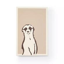 A minimalist greeting card with a warm beige background, featuring a simple, hand-drawn illustration of a meerkat in dark brown linework, standing upright with a calm, curious expression.