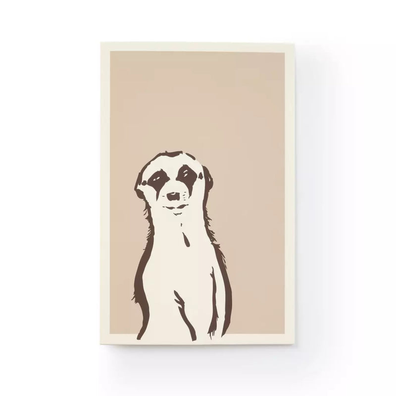 A minimalist greeting card with a warm beige background, featuring a simple, hand-drawn illustration of a meerkat in dark brown linework, standing upright with a calm, curious expression.