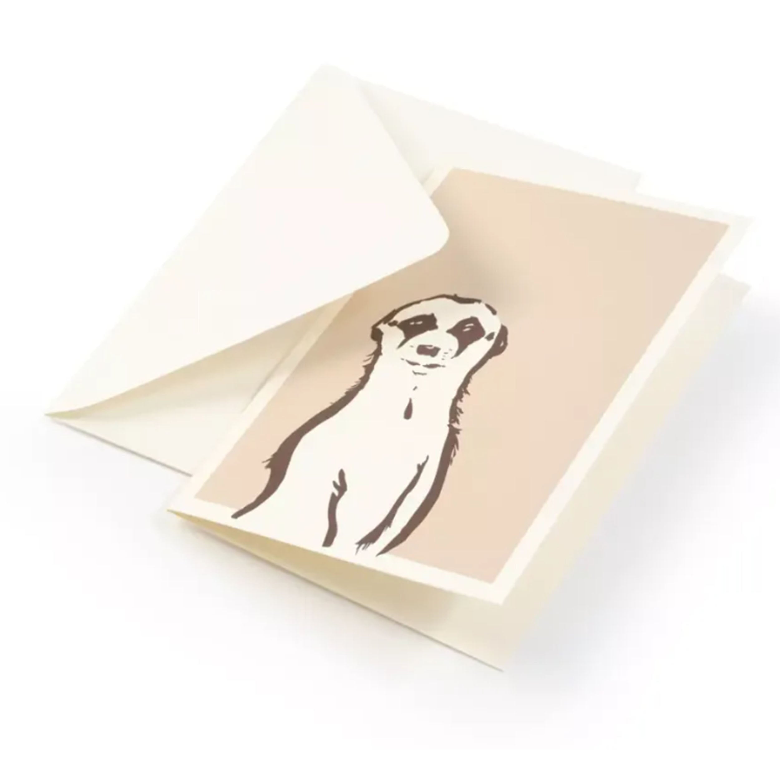 A minimalist greeting card with a warm beige background, featuring a simple, hand-drawn illustration of a meerkat in dark brown linework, standing upright with a calm, curious expression, tucked into a white envelope.