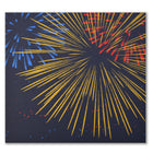 A dark blue greeting card with a bold fireworks design in gold, red, and blue bursts across the front.