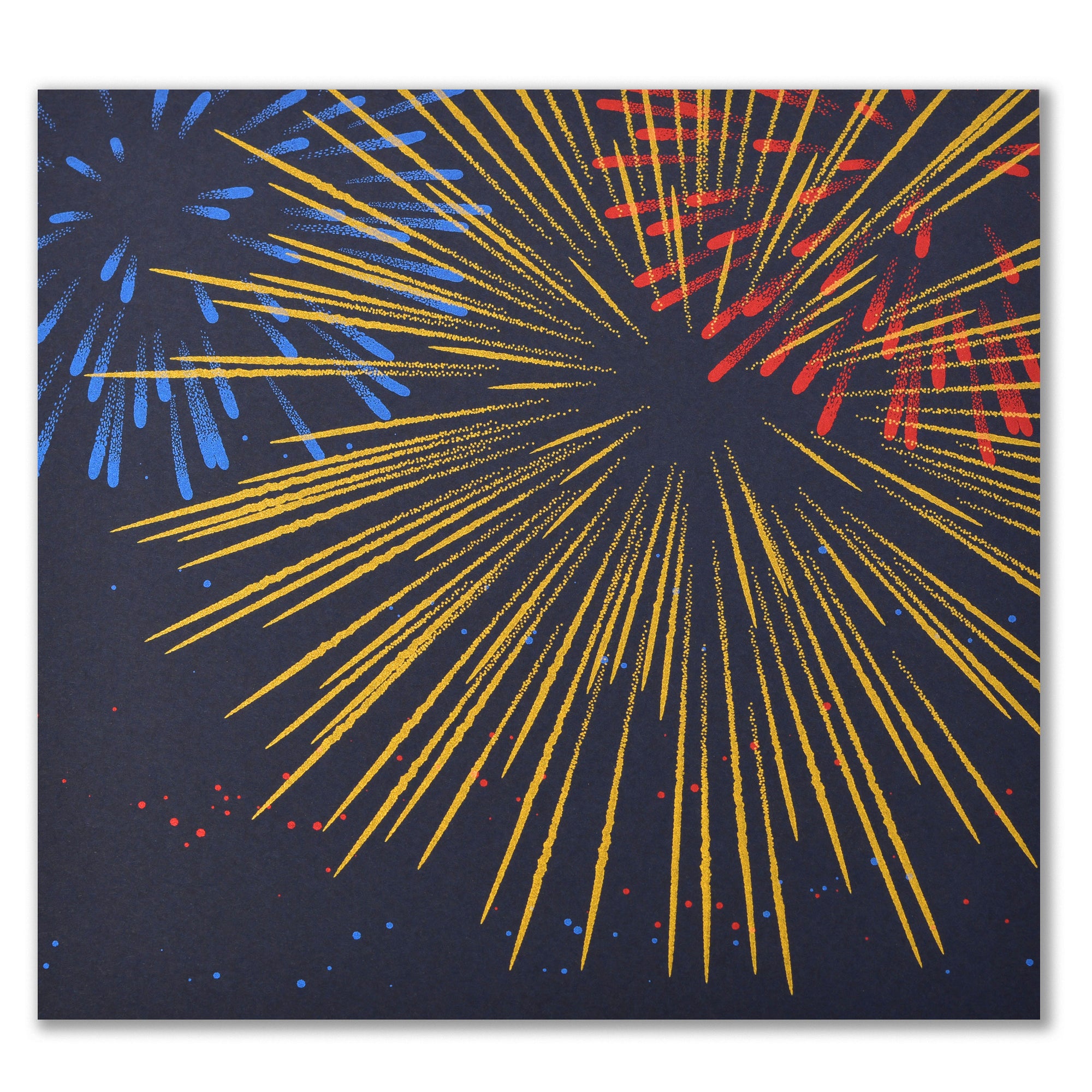 A dark blue greeting card with a bold fireworks design in gold, red, and blue bursts across the front.