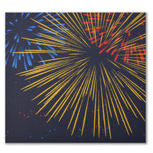 A dark blue greeting card with a bold fireworks design in gold, red, and blue bursts across the front.