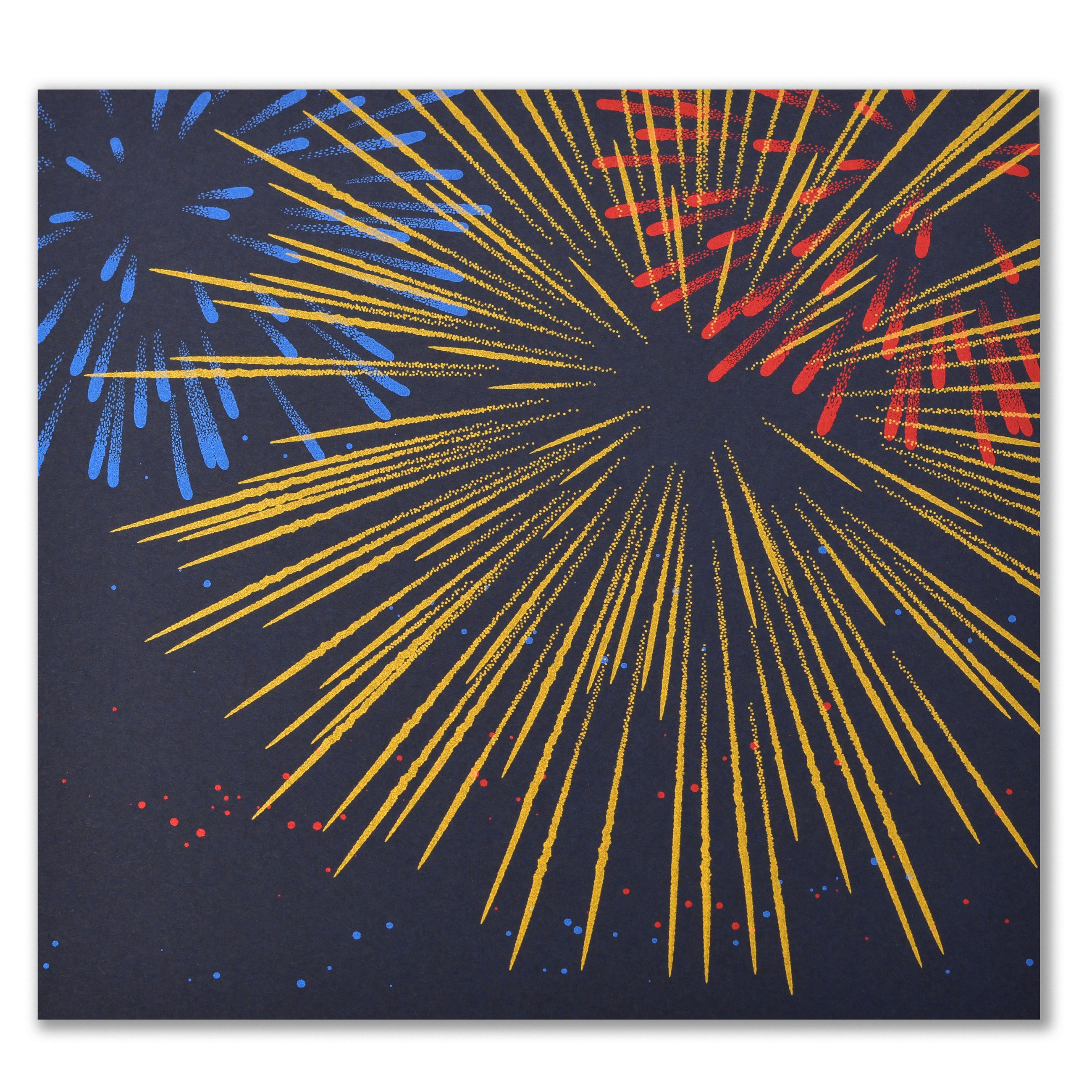 A dark blue greeting card with a bold fireworks design in gold, red, and blue bursts across the front.