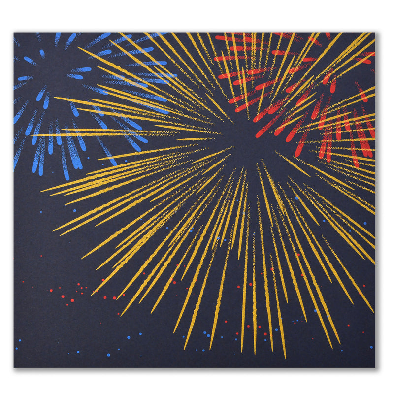 A dark blue greeting card with a bold fireworks design in gold, red, and blue bursts across the front.
