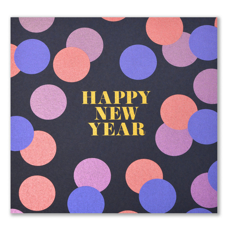A dark blue New Year’s card decorated with colorful metallic confetti dots in purple, pink, and gold, featuring the text "HAPPY NEW YEAR" in bold gold lettering at the center.