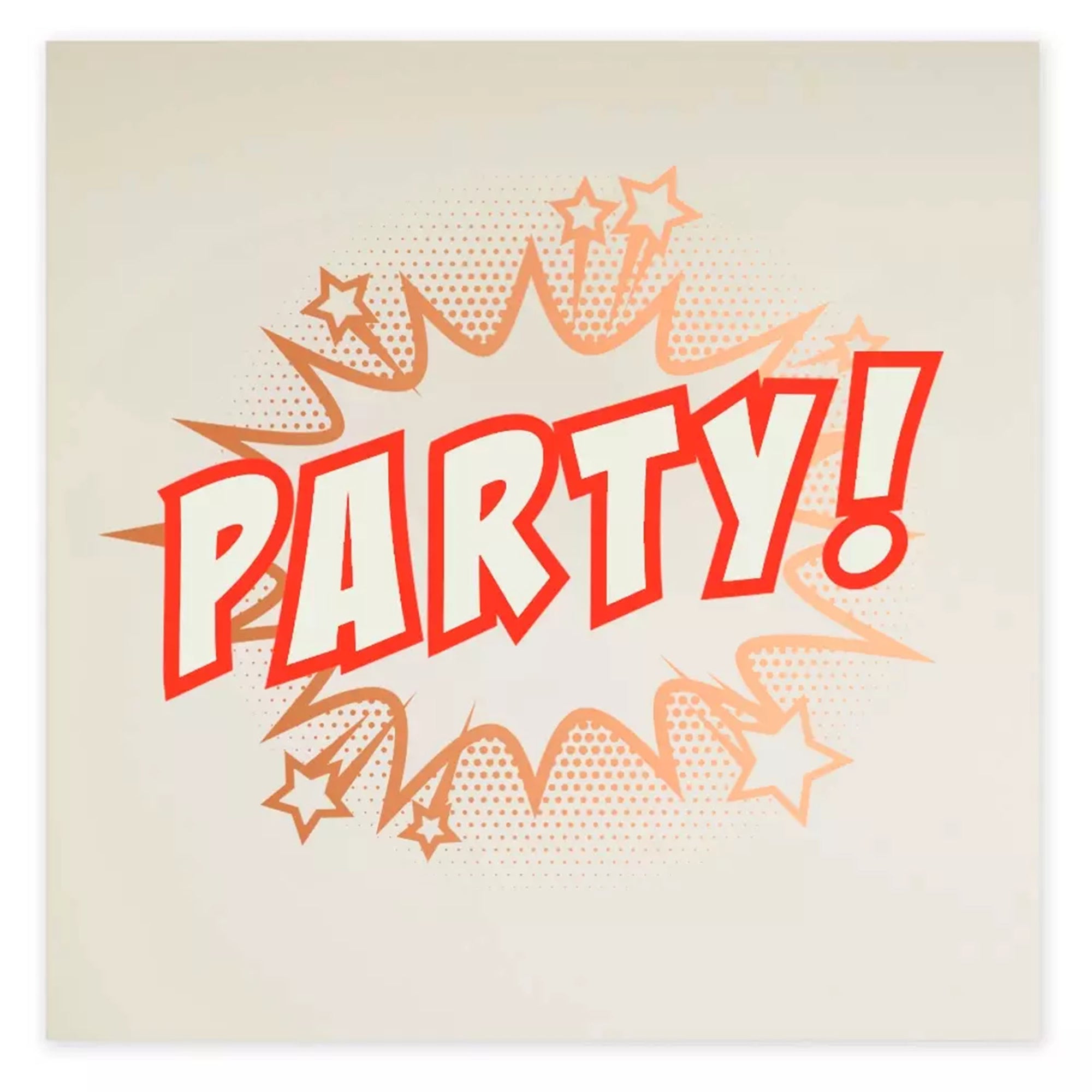 A light beige greeting card featuring a bold comic-style “PARTY!” in bright red lettering, surrounded by a playful burst of stars and dotted graphic elements in soft orange tones.