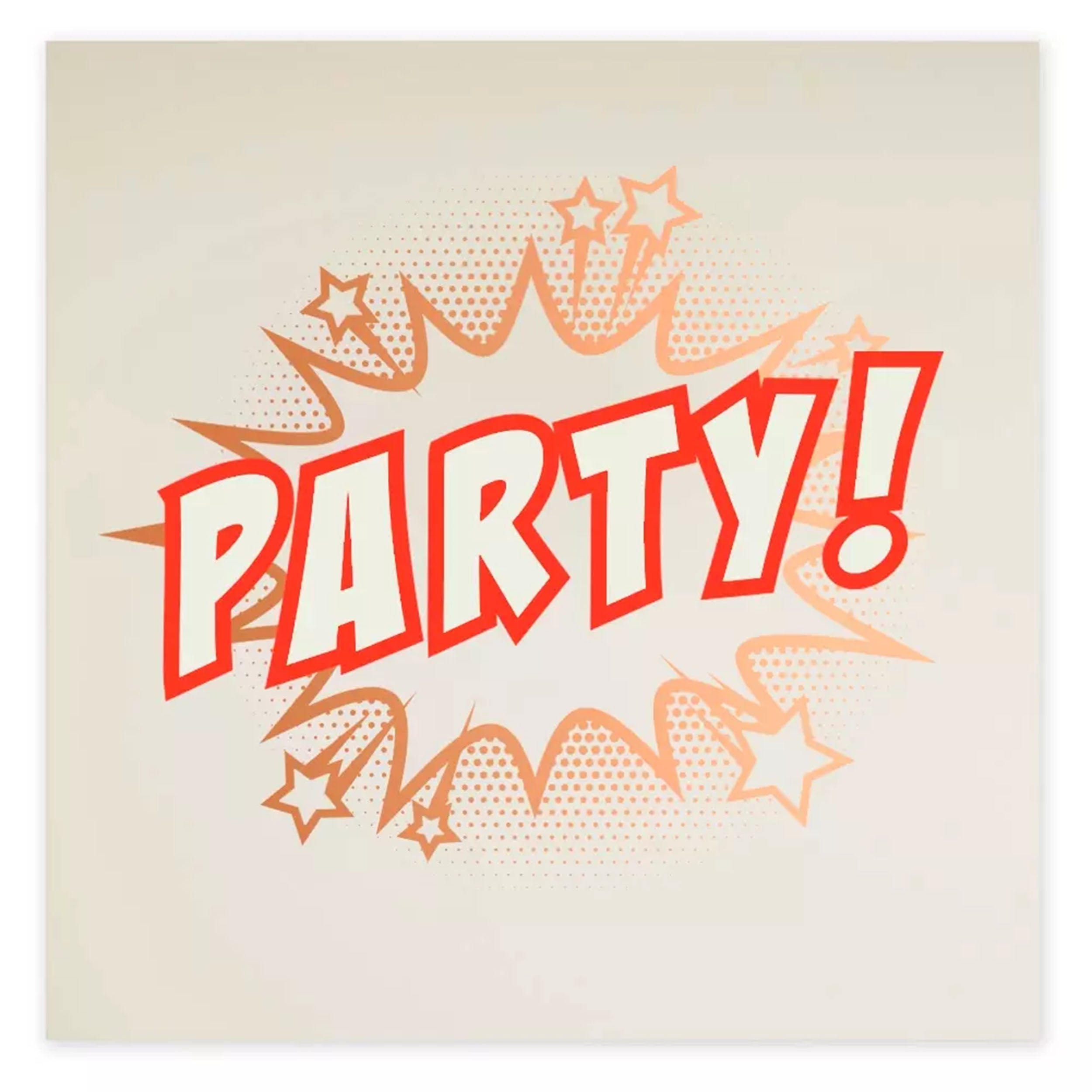 A light beige greeting card featuring a bold comic-style “PARTY!” in bright red lettering, surrounded by a playful burst of stars and dotted graphic elements in soft orange tones.