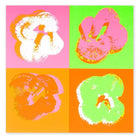 Greeting card with a striking pop-art design of four textured, painterly flowers arranged in a square layout, set against saturated neon backgrounds in pink, green, orange, and white.
