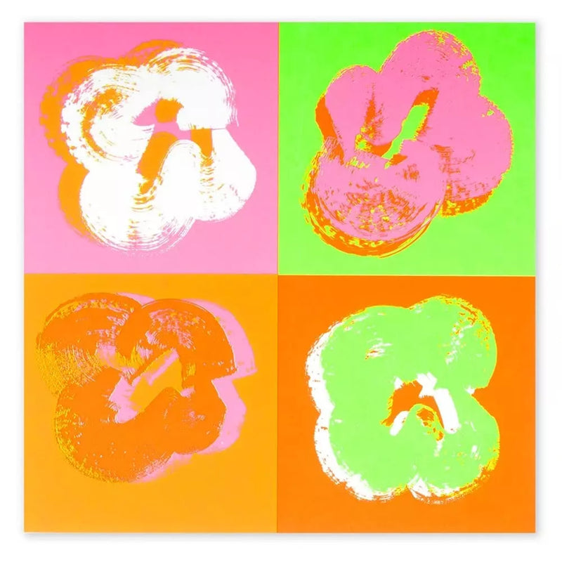 Greeting card with a striking pop-art design of four textured, painterly flowers arranged in a square layout, set against saturated neon backgrounds in pink, green, orange, and white.