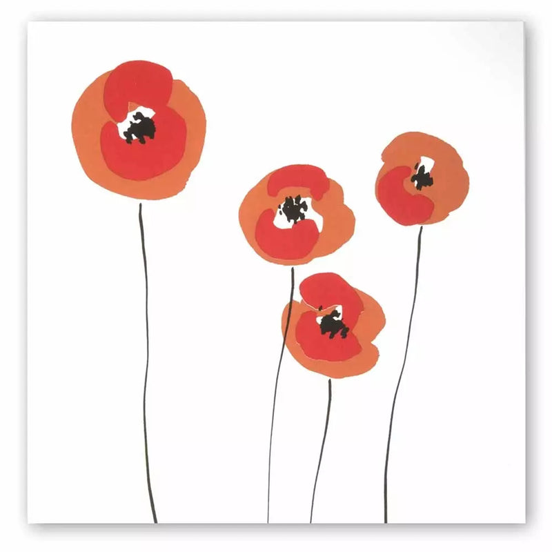 A minimalist greeting card with simple, hand-painted poppy flowers in warm shades of red and orange, set on thin black stems against a clean white background.