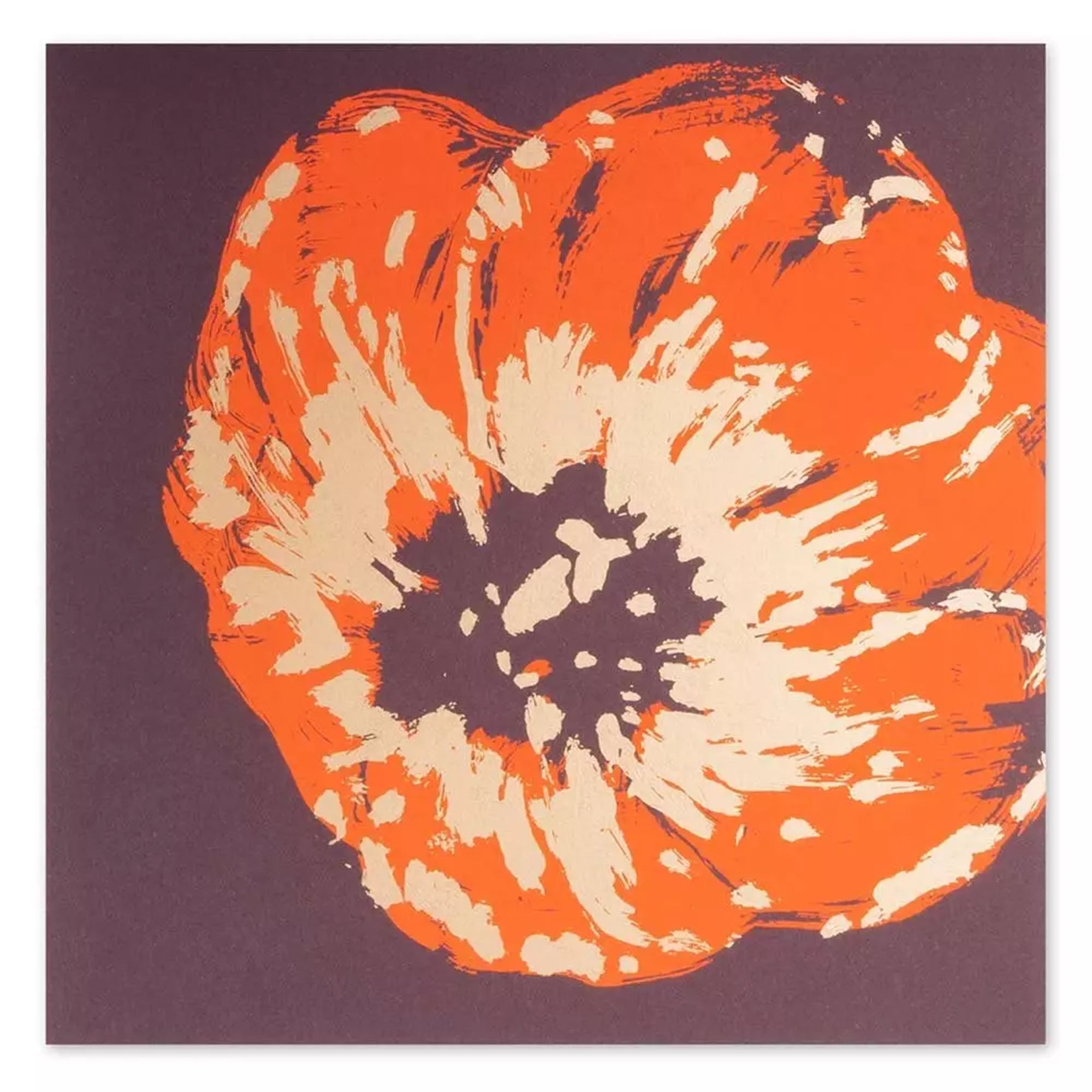 A bold greeting card featuring a large, expressive poppy flower in vivid orange with cream accents, set against a deep eggplant background.