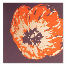 A bold greeting card featuring a large, expressive poppy flower in vivid orange with cream accents, set against a deep eggplant background.