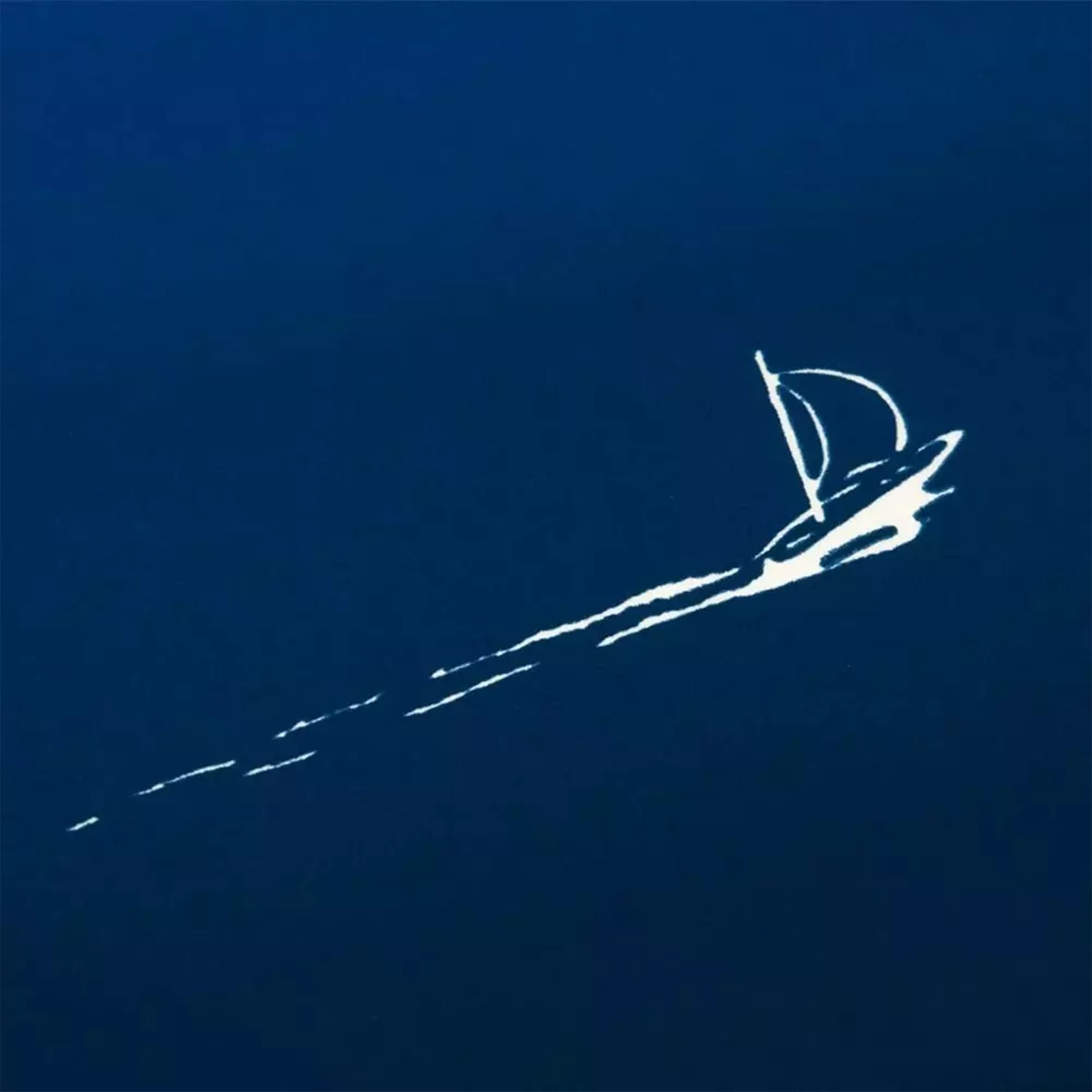 A close-up of a small white sailboat drawn against a rich blue gradient background, with a fine trailing line suggesting movement across calm water.