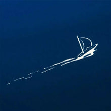 A close-up of a small white sailboat drawn against a rich blue gradient background, with a fine trailing line suggesting movement across calm water.