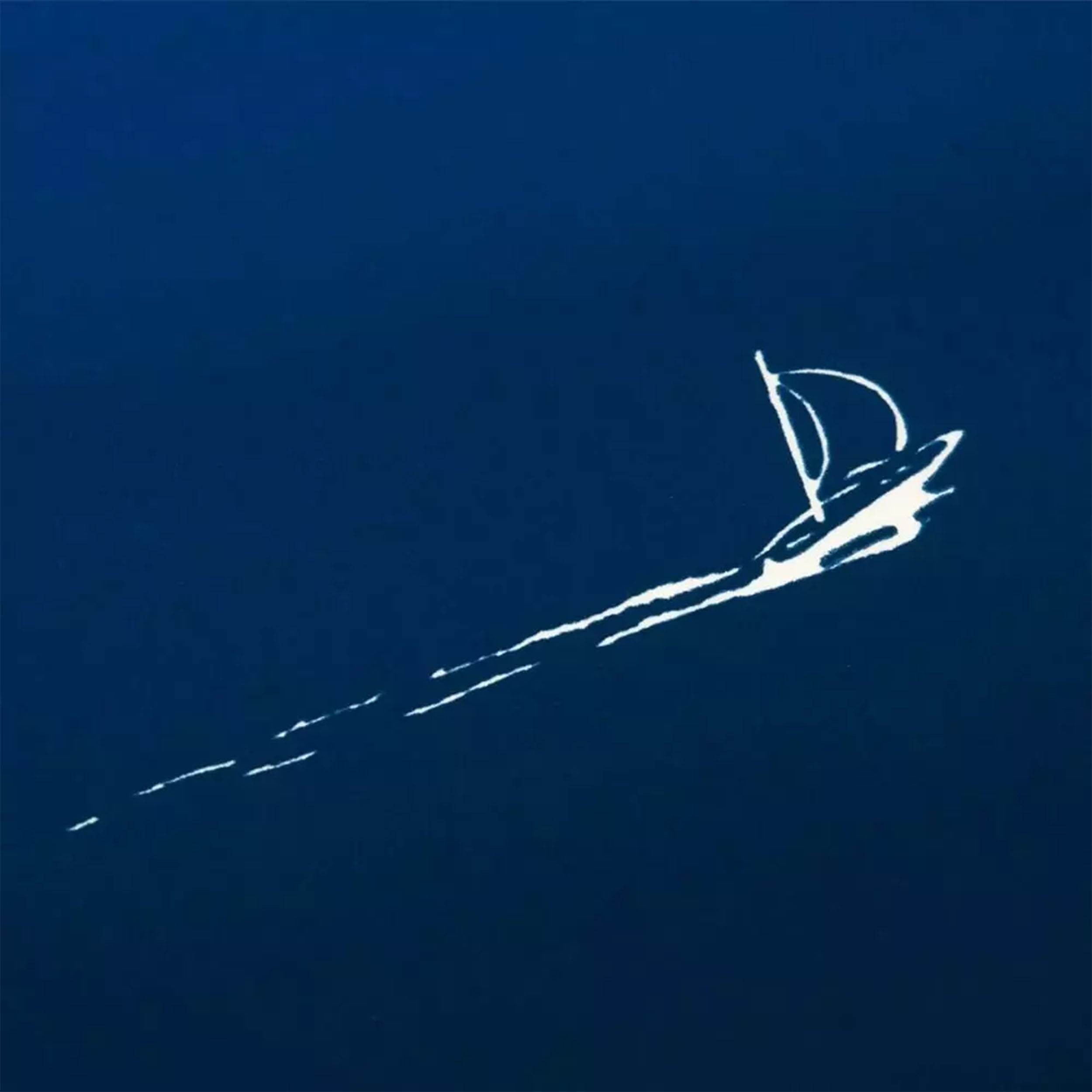 A close-up of a small white sailboat drawn against a rich blue gradient background, with a fine trailing line suggesting movement across calm water.