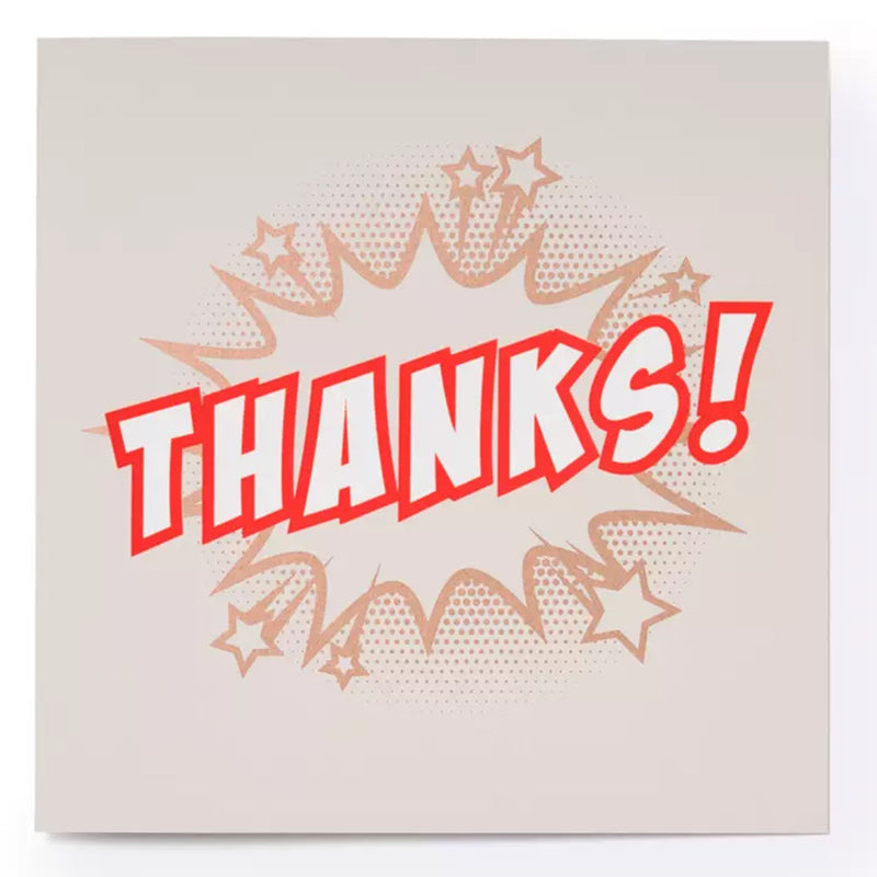 A light beige greeting card featuring a bold comic-style “THANKS!” in bright red lettering, surrounded by a playful burst of stars and dotted graphic elements in soft orange tones.