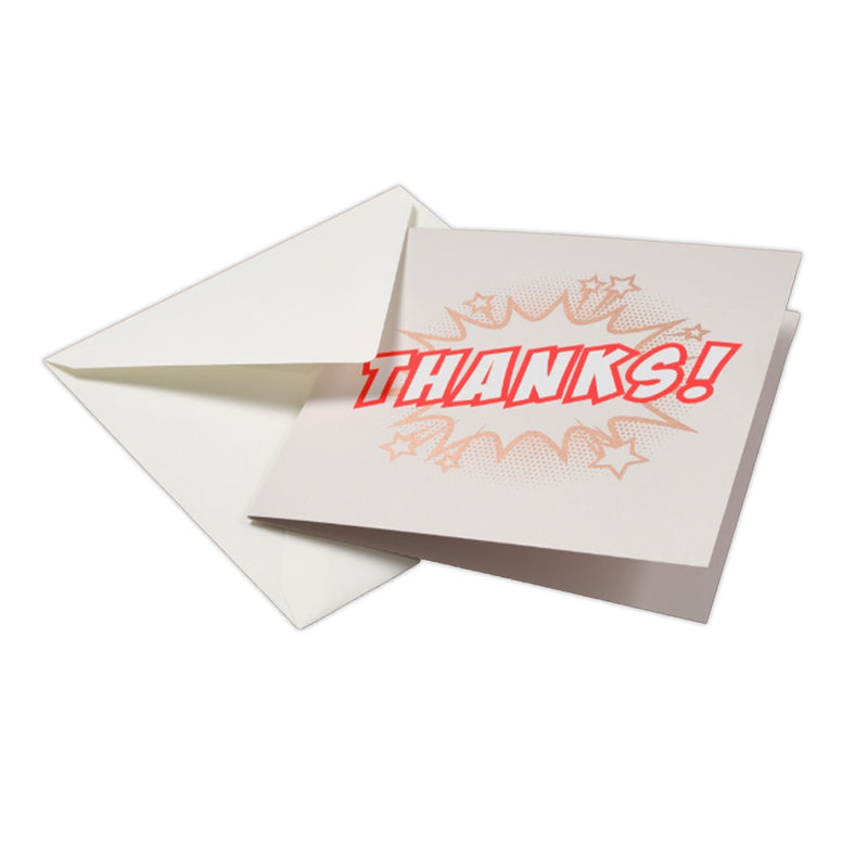A light beige greeting card featuring a bold comic-style “THANKS!” in bright red lettering, surrounded by a playful burst of stars and dotted graphic elements in soft orange tones, peaking out of a white envelope