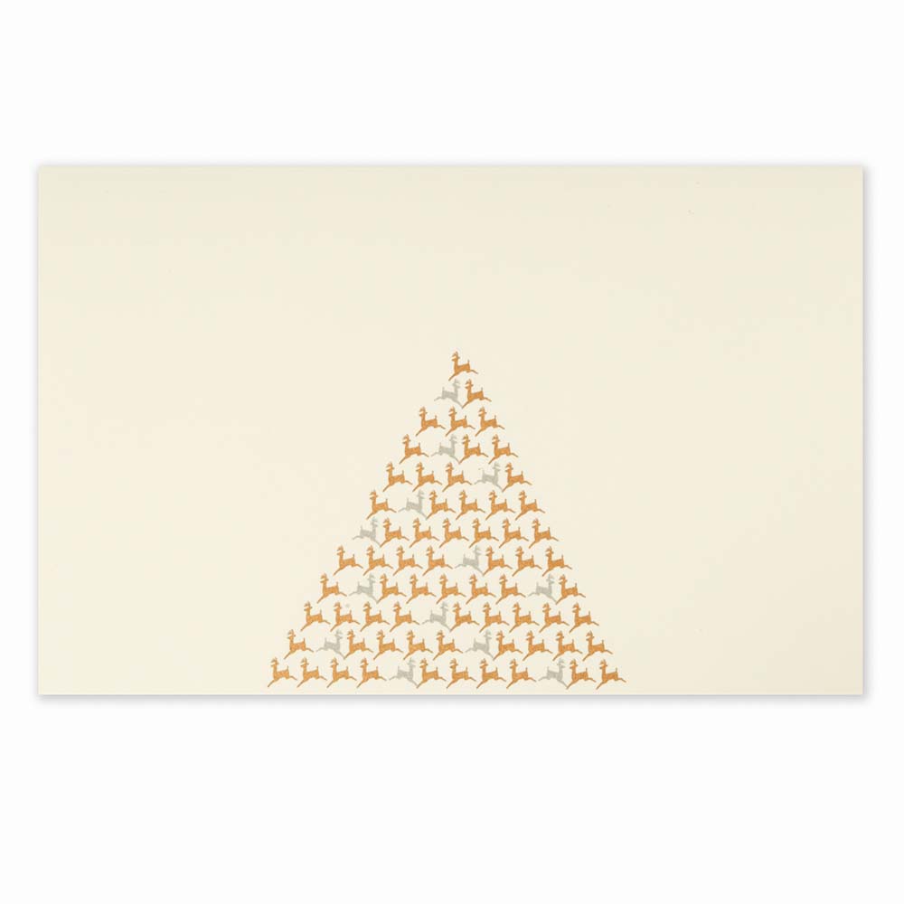 Elegant cream Christmas card decorated with a triangular pattern of small gold reindeer forming the shape of a Christmas tree.