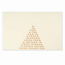 Elegant cream Christmas card decorated with a triangular pattern of small gold reindeer forming the shape of a Christmas tree.